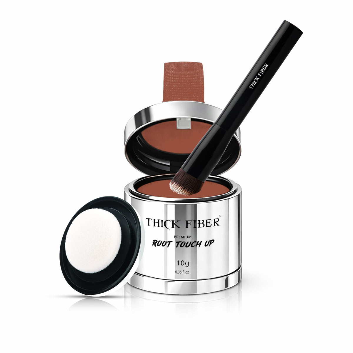 Poudre retouche Thick Fiber en rouge brun couvre les racines gris rapidement et naturellement.