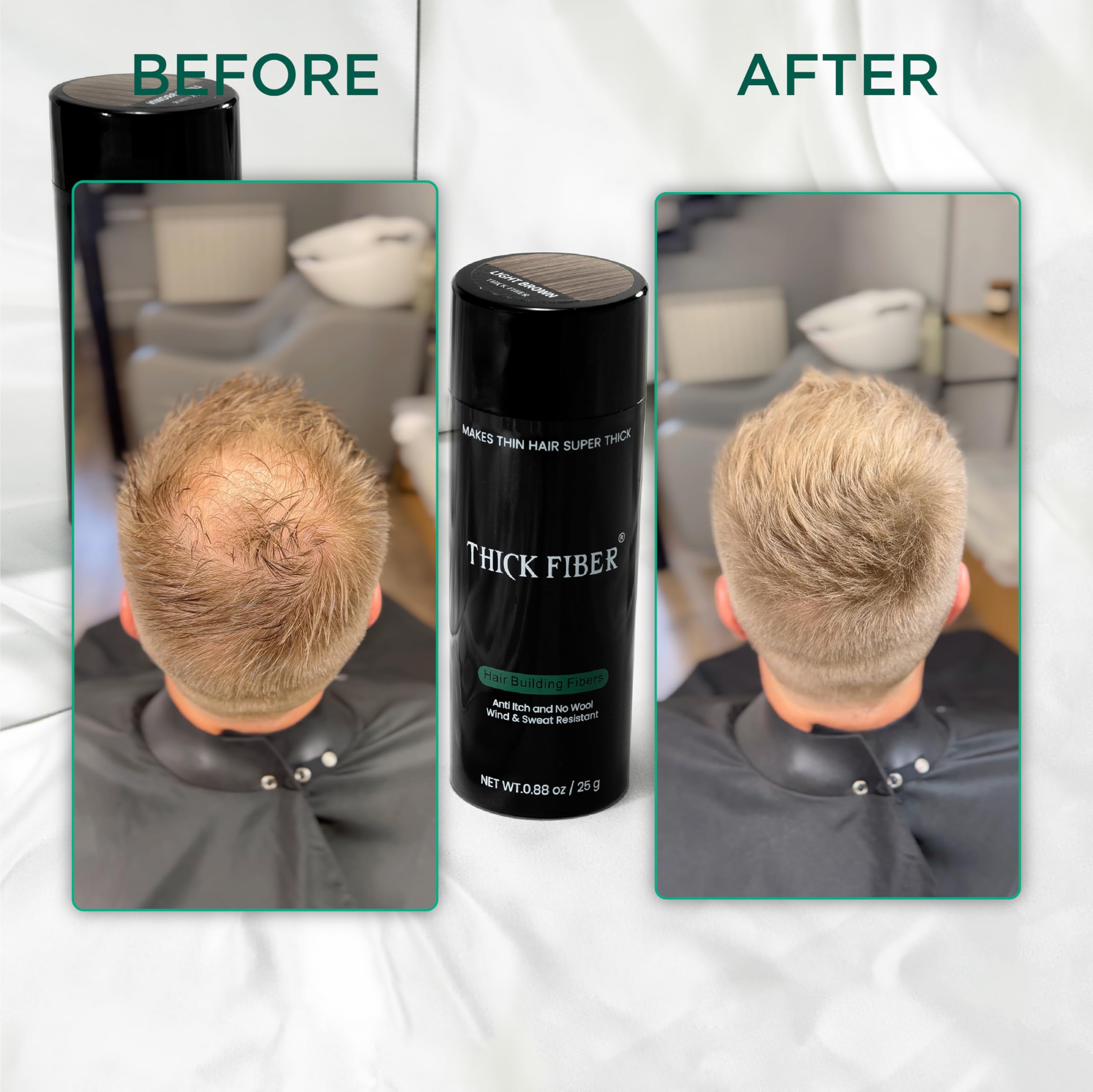 Thick Fiber easily wash-out with shampoo, no heavy residue.