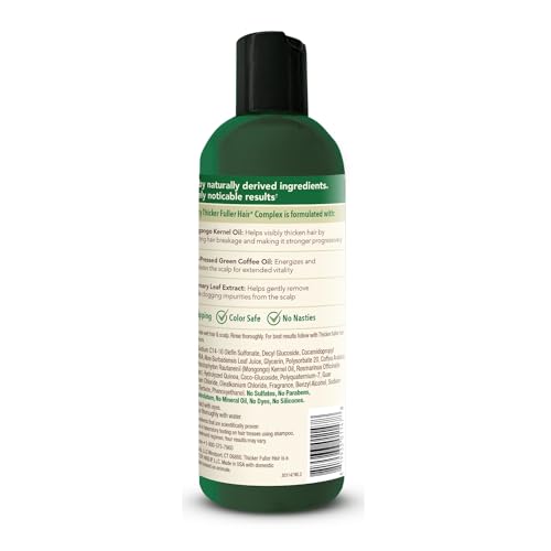 Thicker Fuller Hair conditionneur épaisseur cheveux, avant-après montrant densité et coiffage facilité.