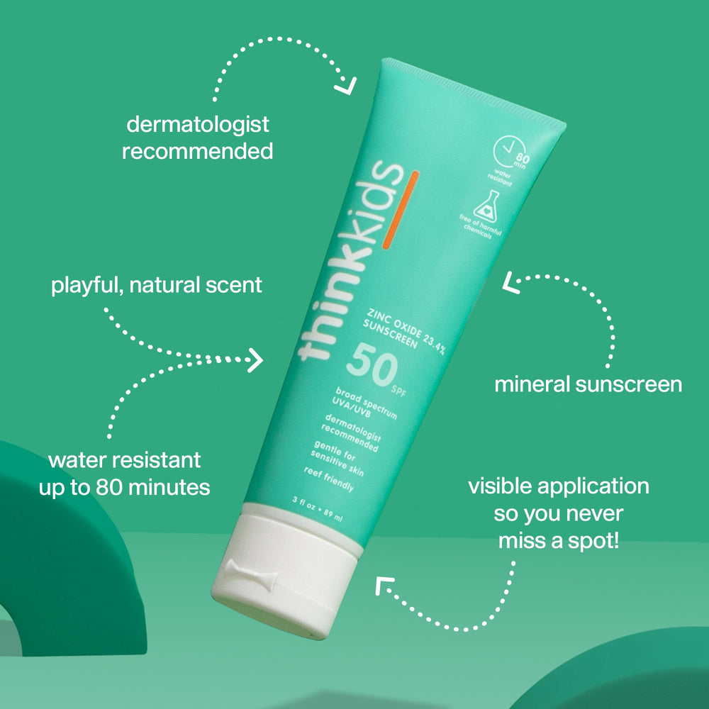 Thinkkids crème solaire minérale, absorption rapide, peau non grasse après application.