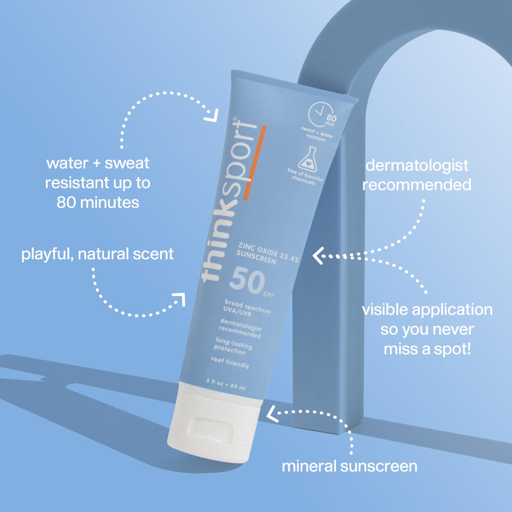 Thinksport solaire minérale 50 SPF absorption rapide sans fini gras.