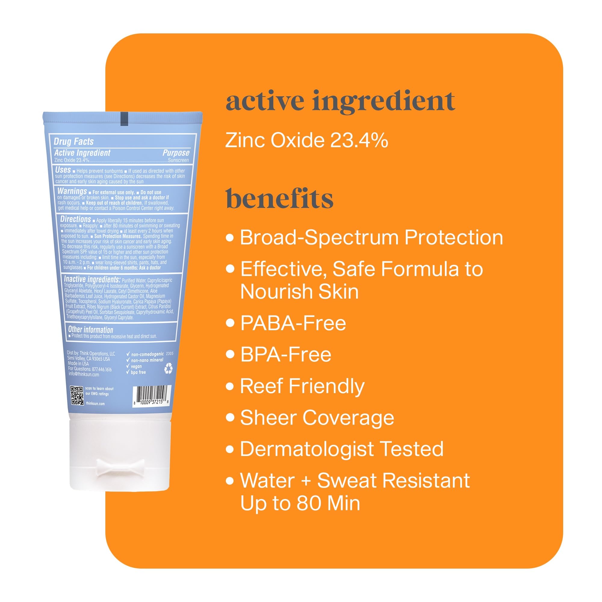 Thinksport etiquette oxyde-de-zinc clair montre une formulation transparente et simple.