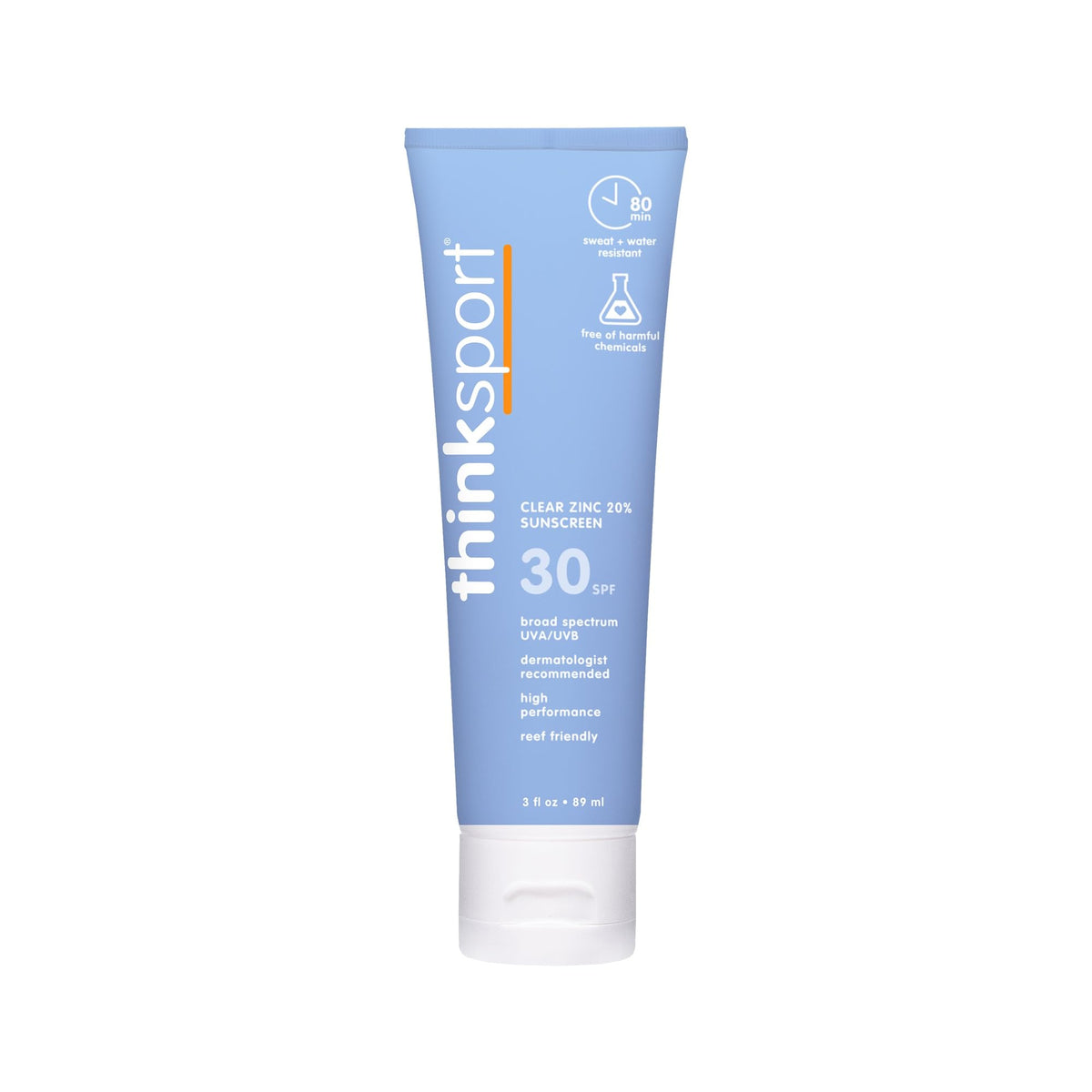 Thinksport SPF30 bouteille minérale, protection claire pour visage et corps.
