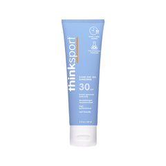 Thinksport SPF30 bouteille minérale, protection claire pour visage et corps.