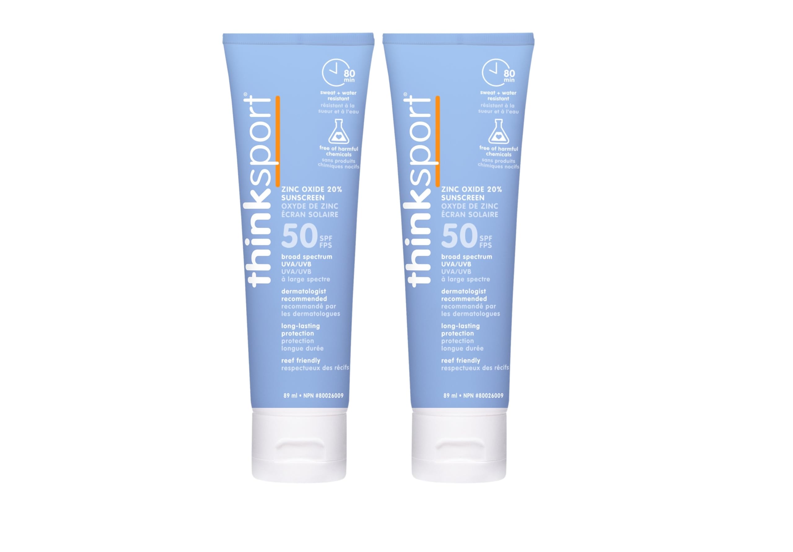 Thinksport SPF 50 Plus image montrant deux tubes de 3 oz, pratique pour les sorties.