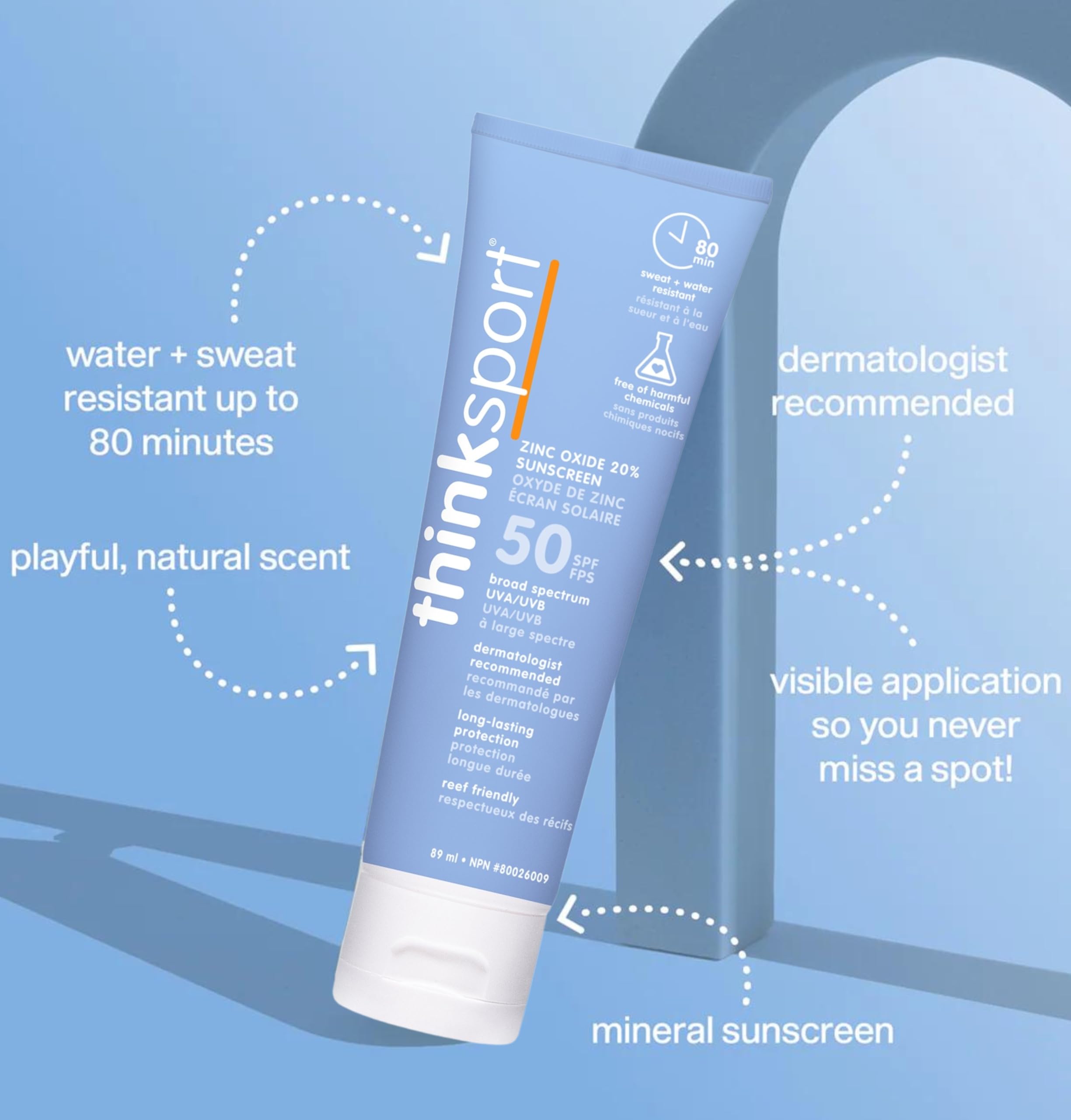 Thinksport SPF 50 Plus image affichant l'emballage extérieur et le nom du produit.