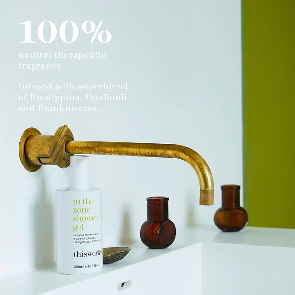 Texture légère du gel douche THISWORKS Zone prête pour une douche rapide.