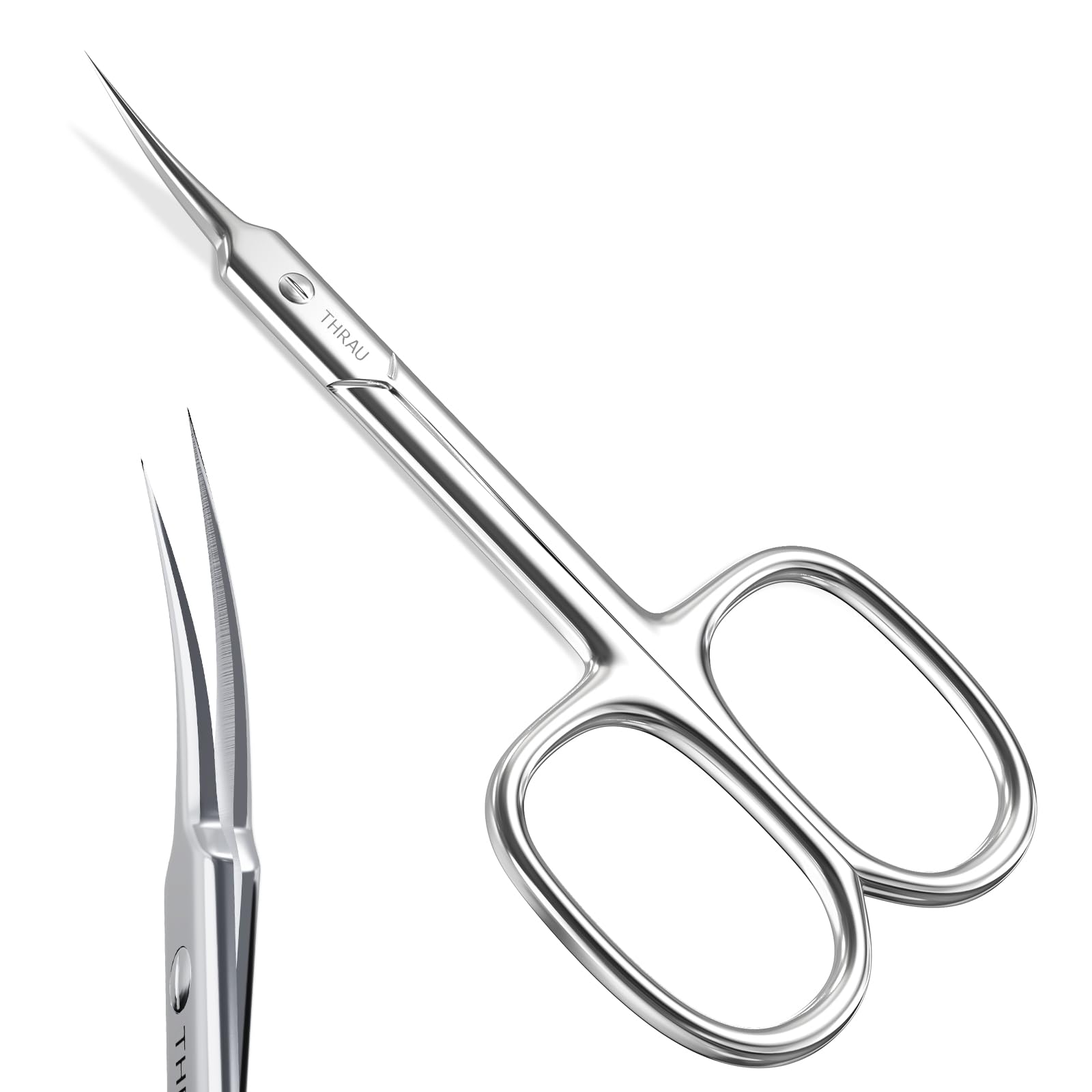 THRAU Cuticle Scissors with curved blade close-up for precise trimming and salon-like accuracy.