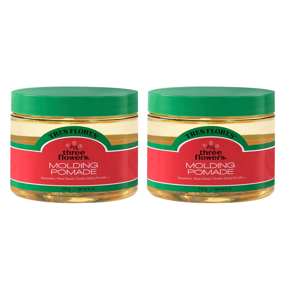 Three Flowers Pomade montre sa bouteille et son emballage, parfait pour une application rapide.