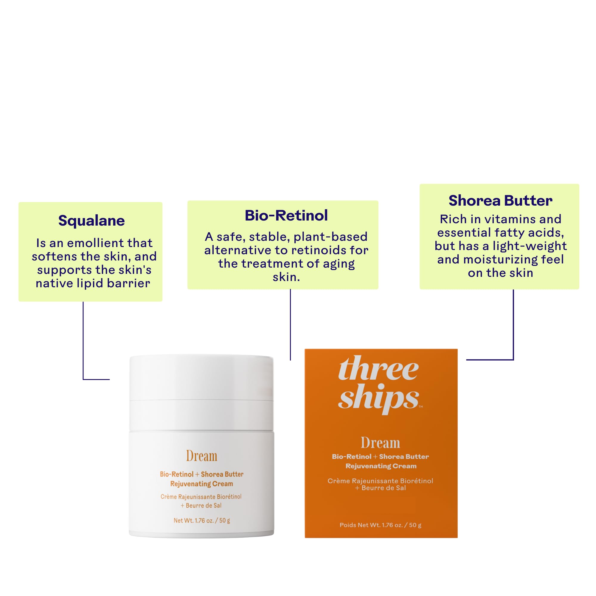 Flacon de 50 g Three Ships crème de soin visage.