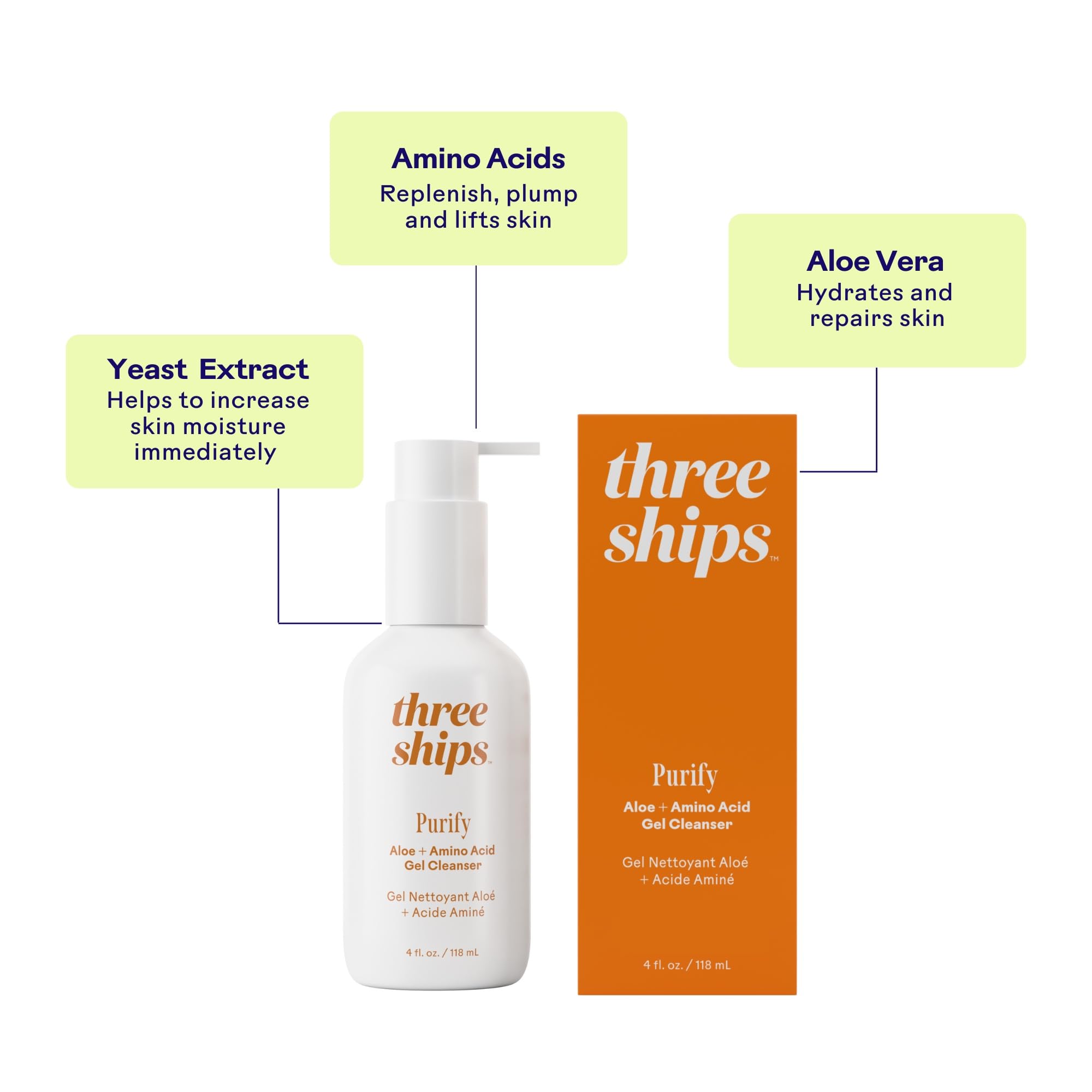 Sans sulfates et sans alcool: Three Ships Purify Aloe + Acide Aminé pour peaux sensibles