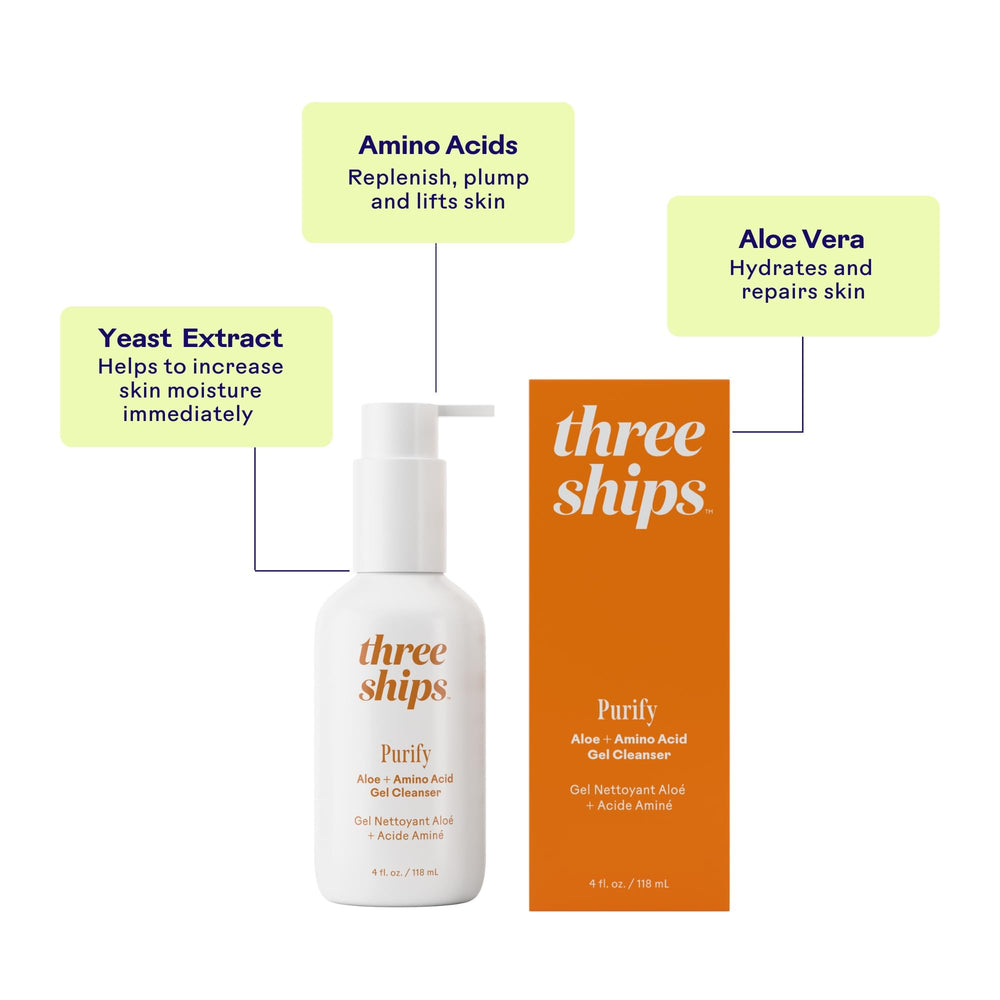 Sans sulfates et sans alcool: Three Ships Purify Aloe + Acide Aminé pour peaux sensibles