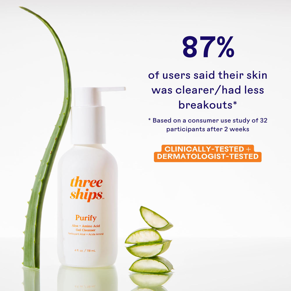 Utilisation matin et soir avec Three Ships Purify Aloe + Acide Aminé