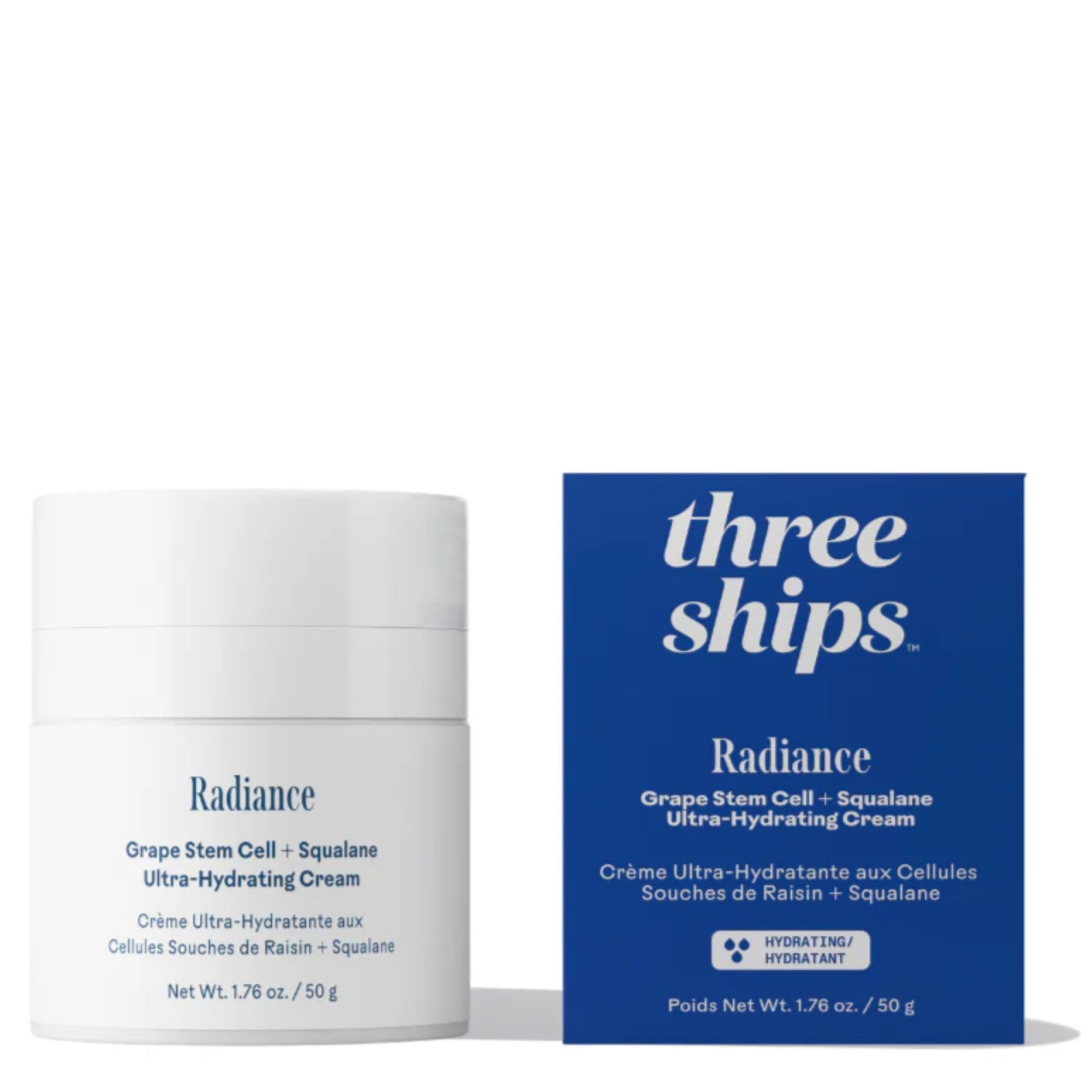 Three Ships Radiance: bouteille-pompe montrant la texture fluide et l'hydratation rapide.