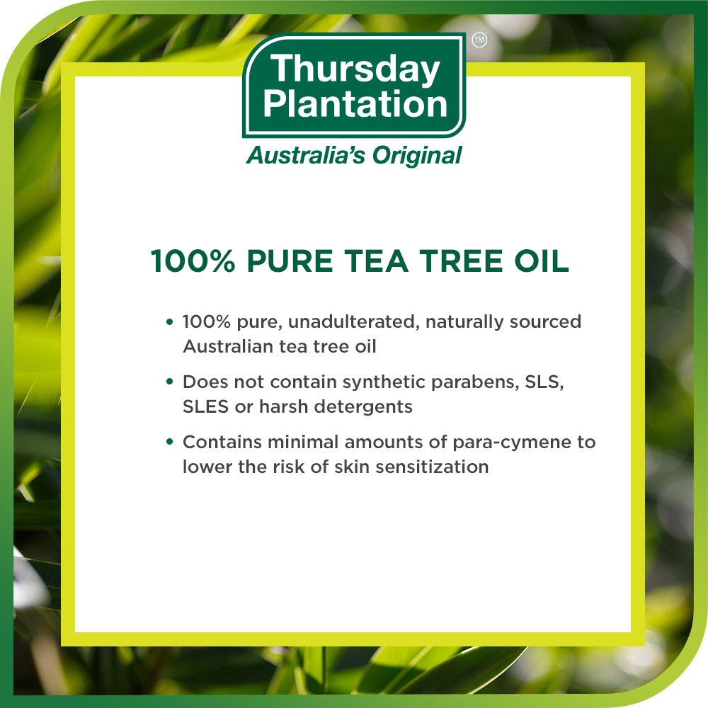 Label emphasizes 100% pure Australian Tea Tree Oil by Thursday Plantation.