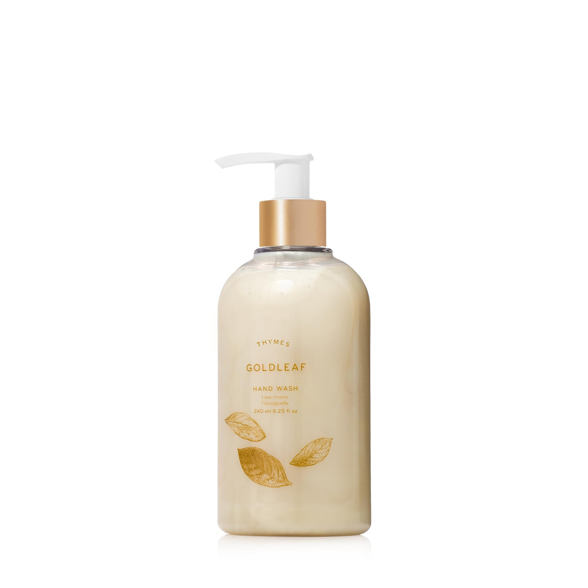 Thymes Goldleaf hand wash bottle pump showing hydrating formula with glycerin and jojoba.