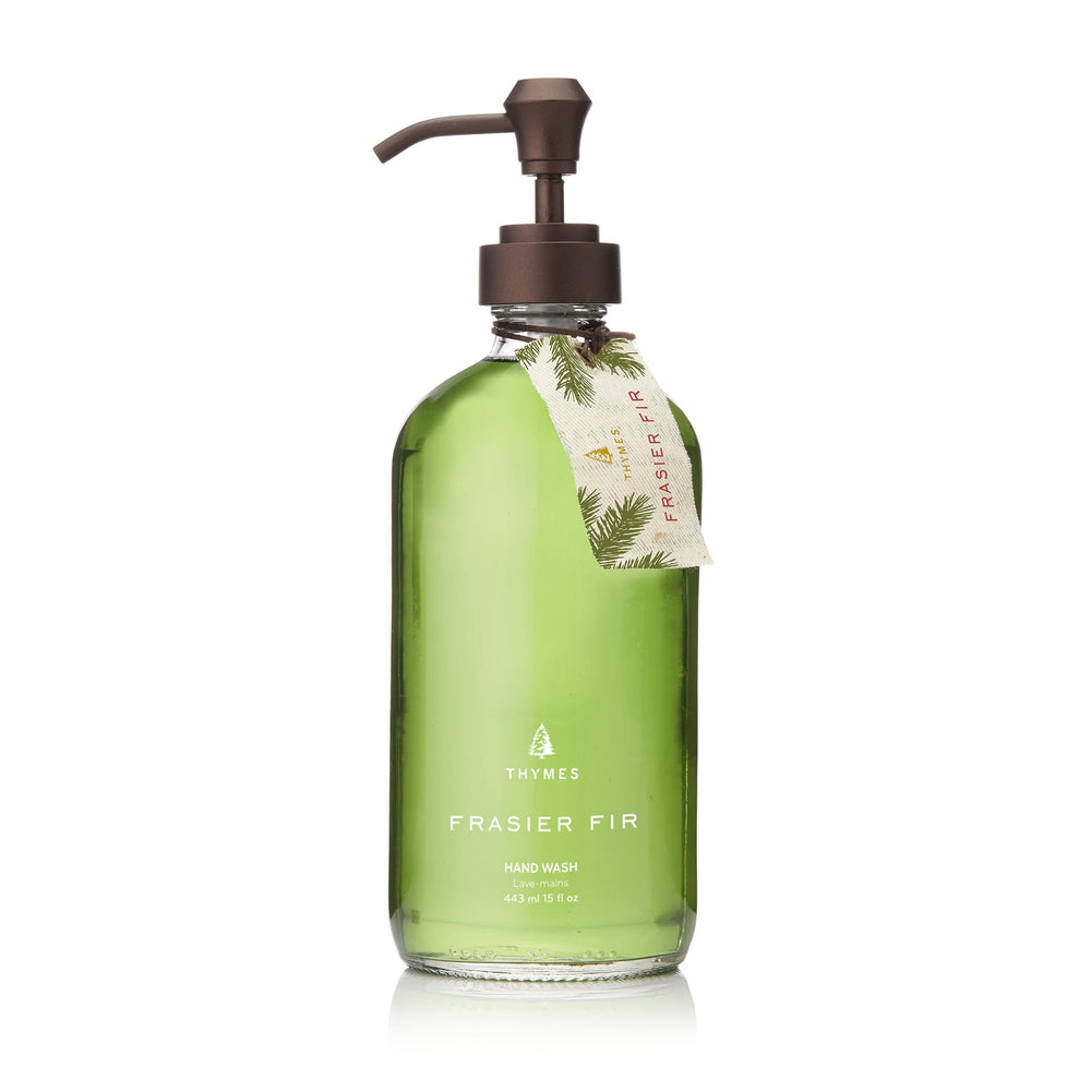 Thymes Hand Wash Frasier Fir dans une bouteille en verre, parfum frais et réconfortant pour les mains