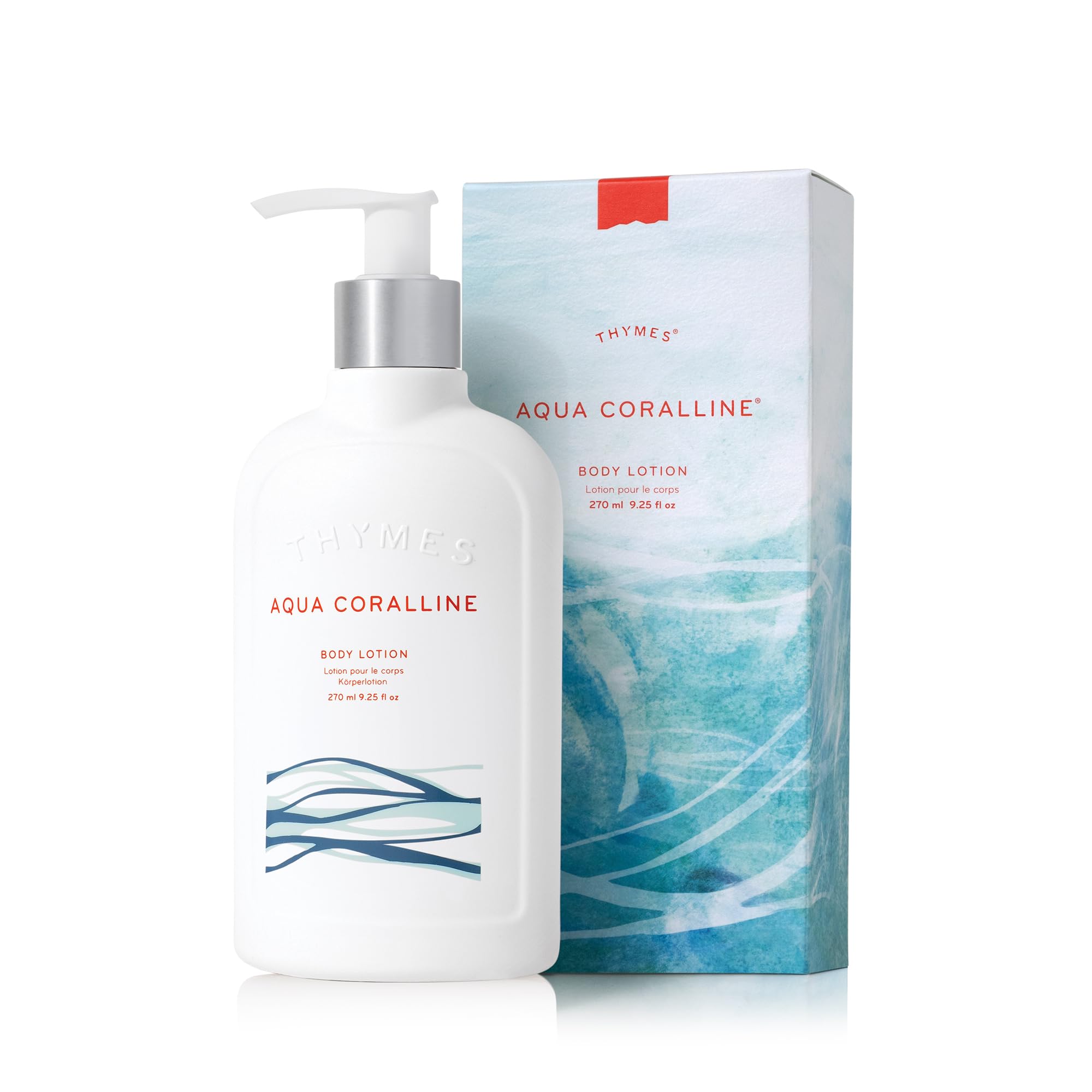 Lotion Thymes Aqua Coralline en bouteille, hydratation légère et parfum frais.