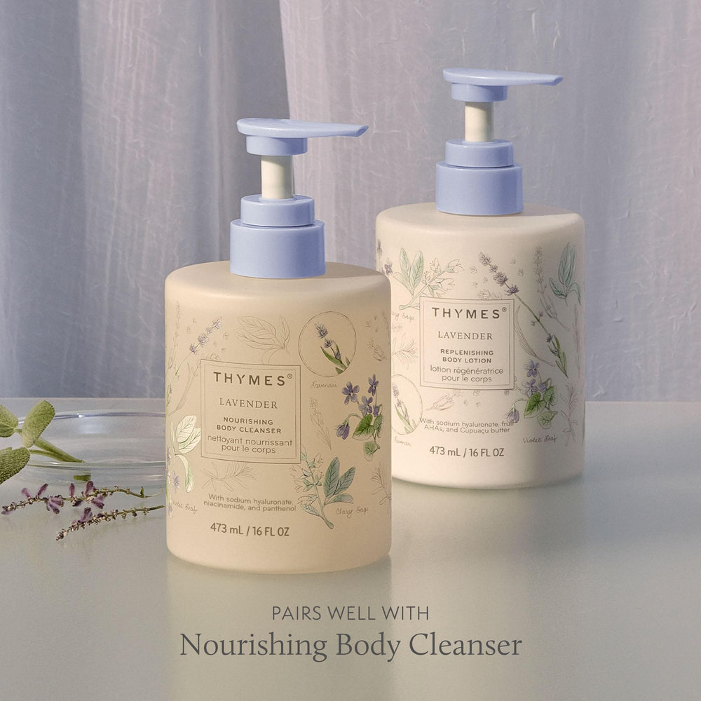 Lotion Thymes dans un décor salle de bain apaisant.