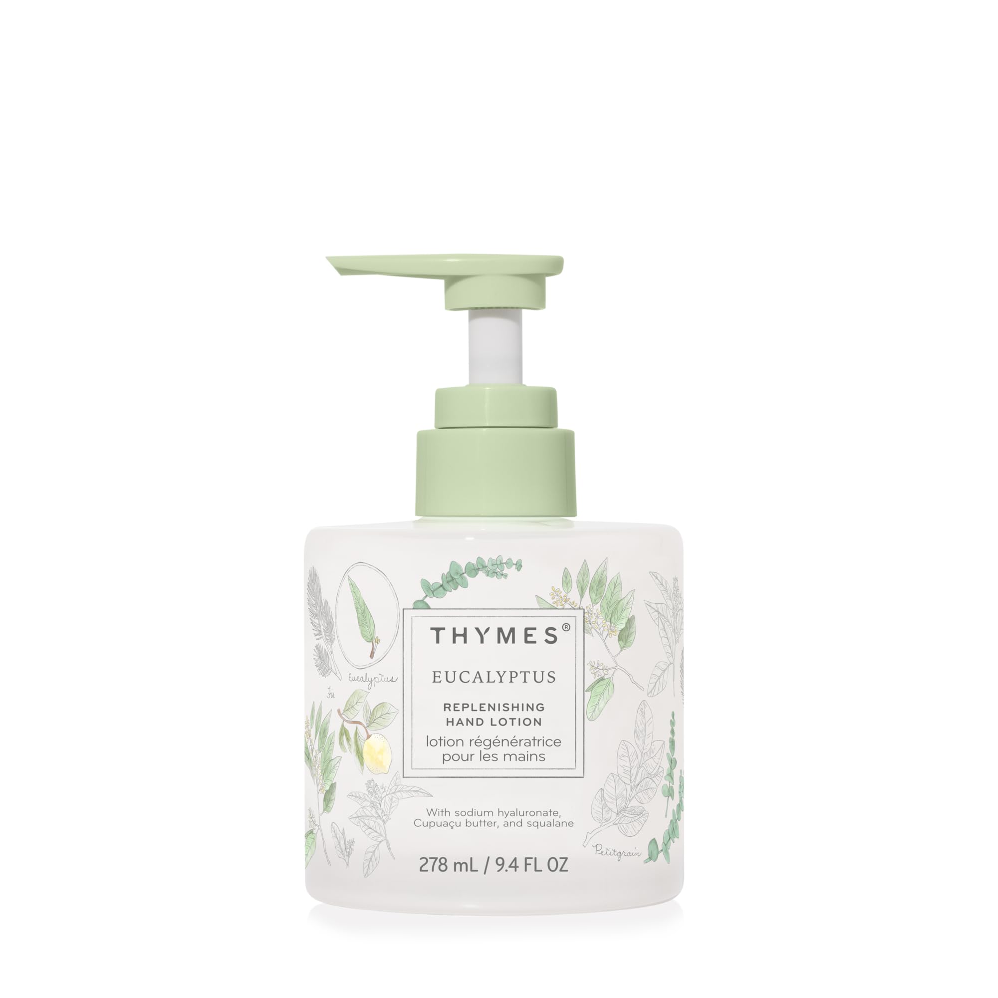 Thymes Lotion Mains Replenissante dans un flacon verre élégant pour hydrater les mains.