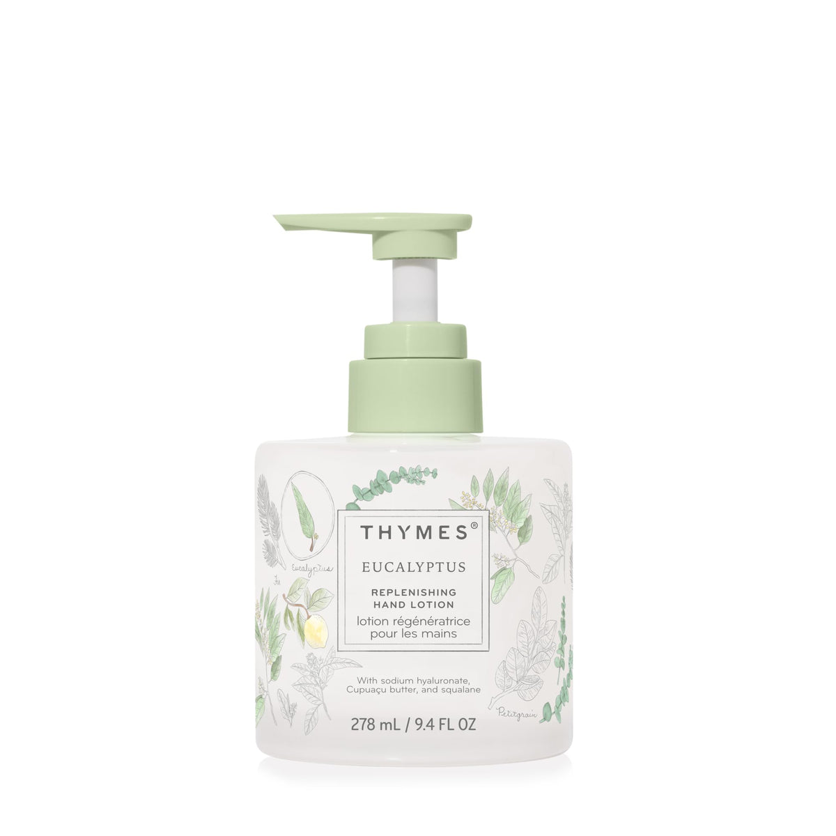 Thymes Lotion Mains Replenissante dans un flacon verre élégant pour hydrater les mains.