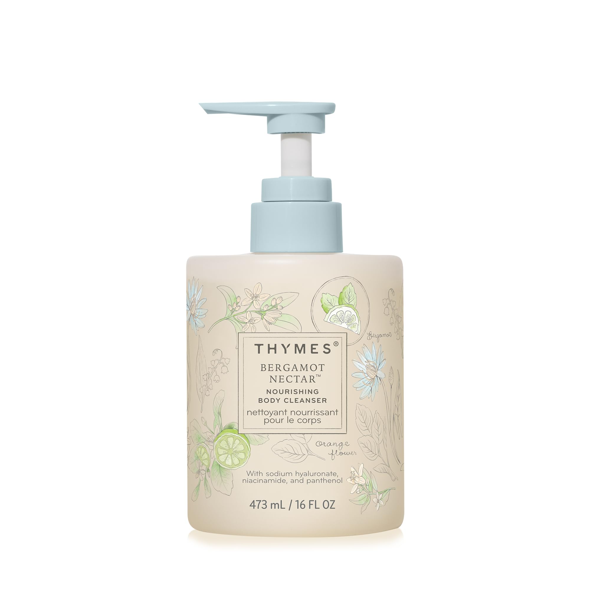 Gel douche nourrissant Thymes avec pompe, soin hydratant quotidien.