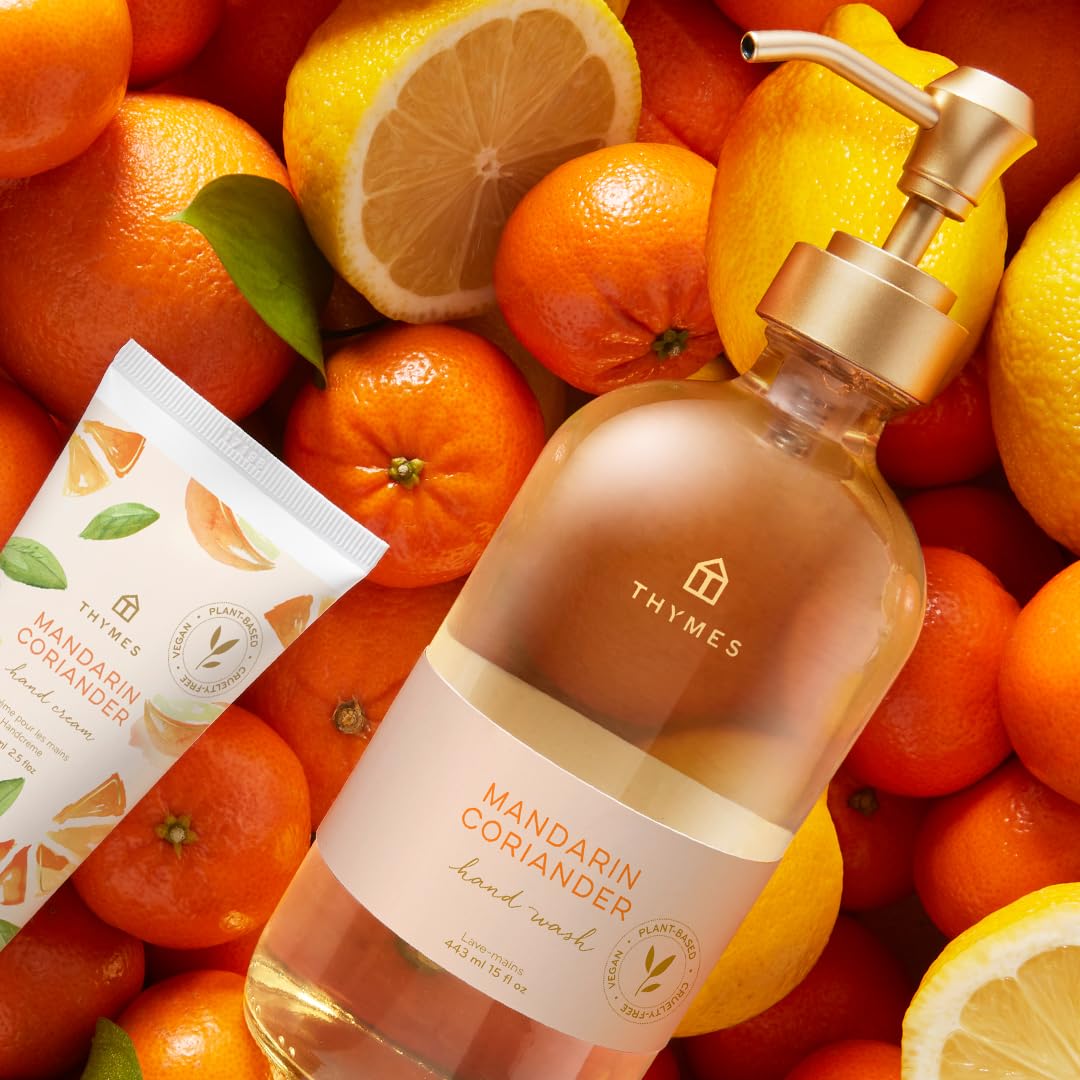 Thymes Savon Mains Mandarin Coriandre — pompe pratique pour un lavage rapide.