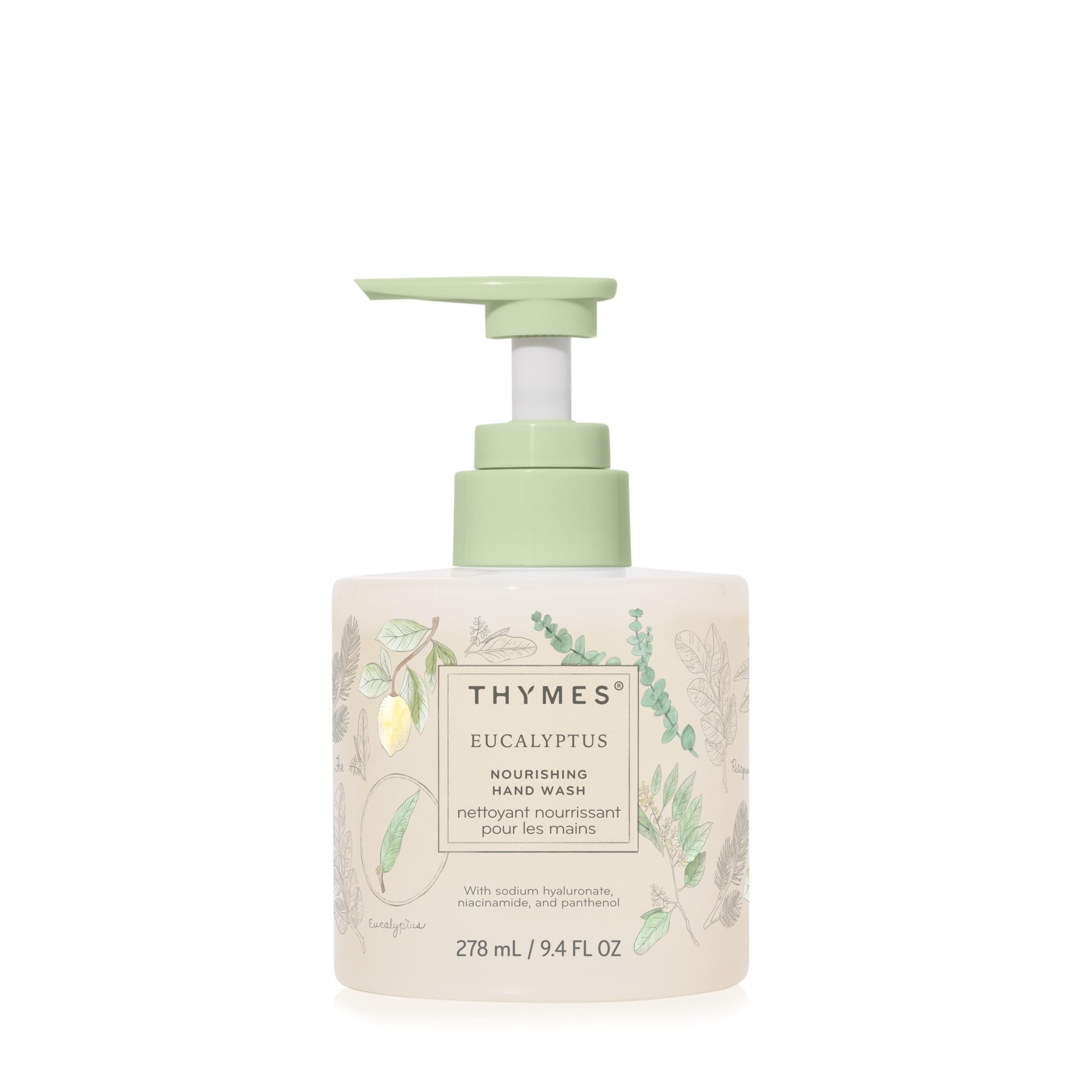 Thymes Savon Mains Nourrissant en bouteille verre, hydratation légère et parfum frais.