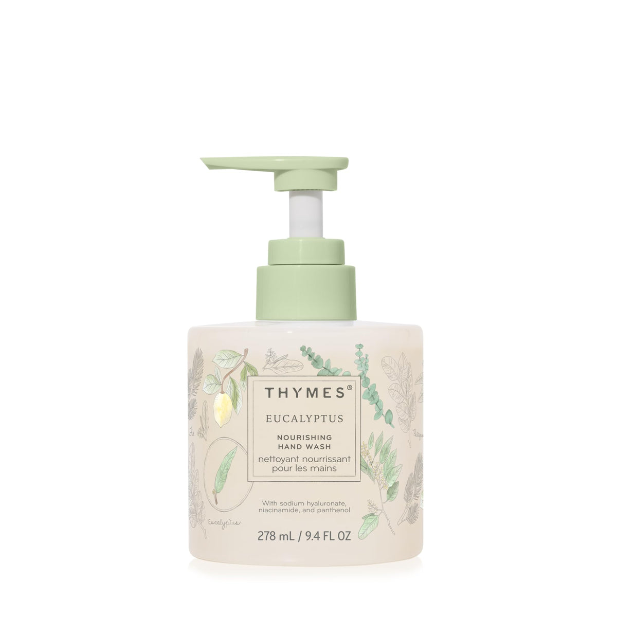 Thymes Savon Mains Nourrissant en bouteille verre, hydratation légère et parfum frais.