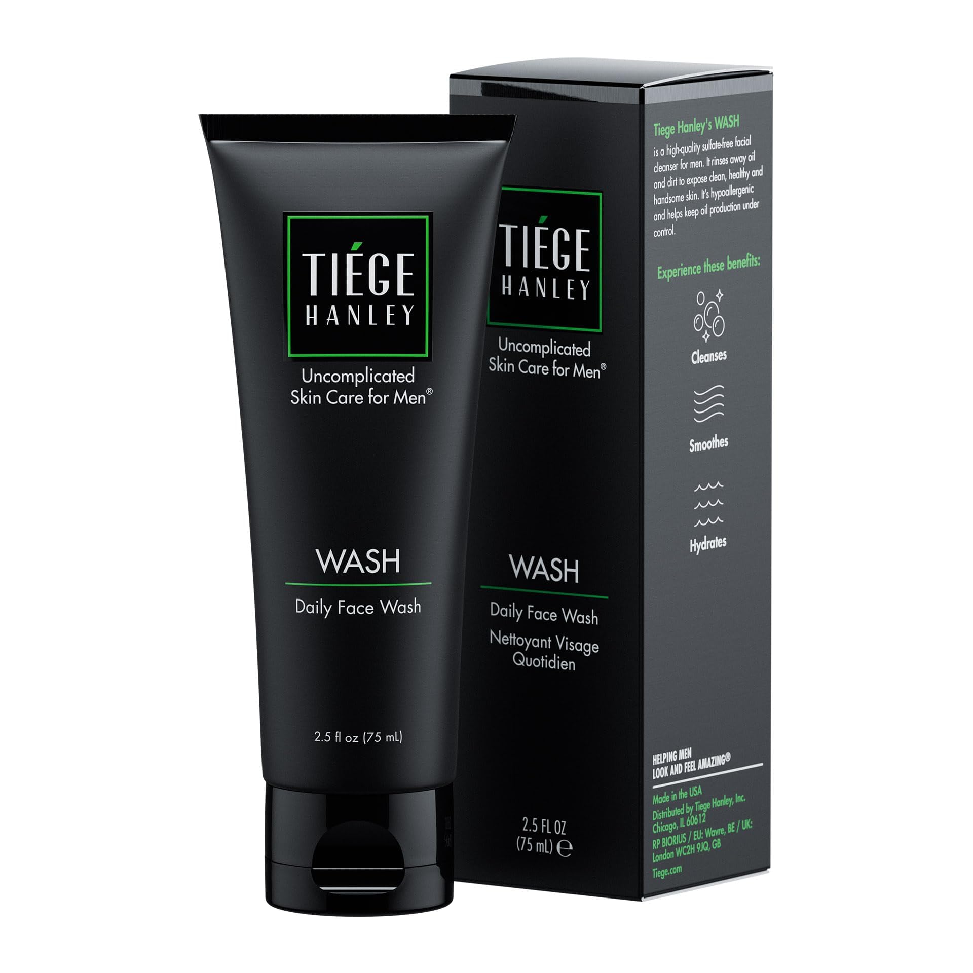 Tiege Hanley Daily Face Wash, bouteille mousseante nettoyant en douceur prêt pour le rituel quotidien.