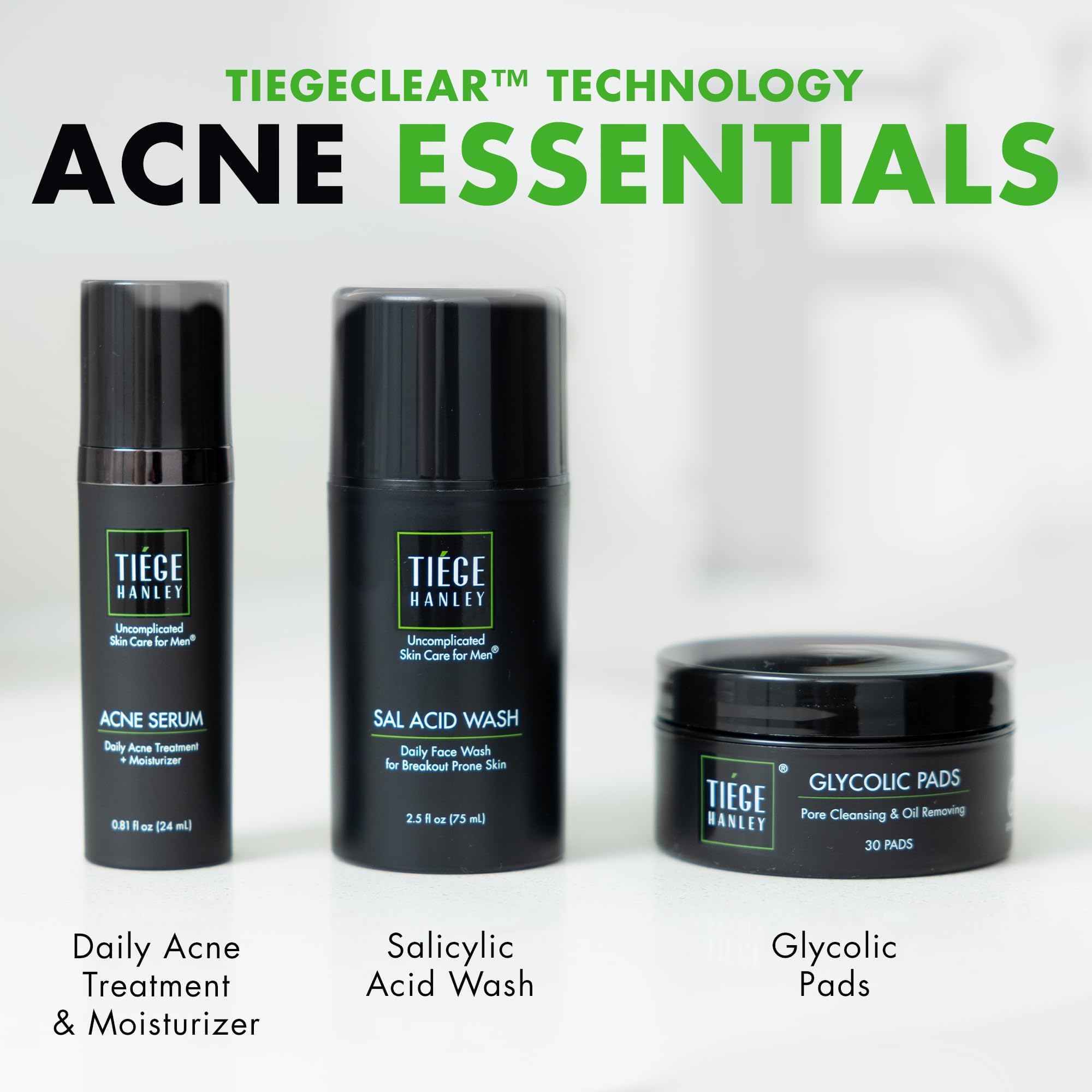 Tiege Hanley, sérum acne en flacon, formule douce pour usage quotidien.