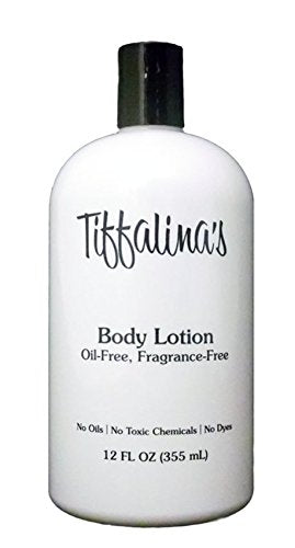 Lotion sans huile Tiffalina's, bouteille 12oz, hydratation légère pour peau sèche.