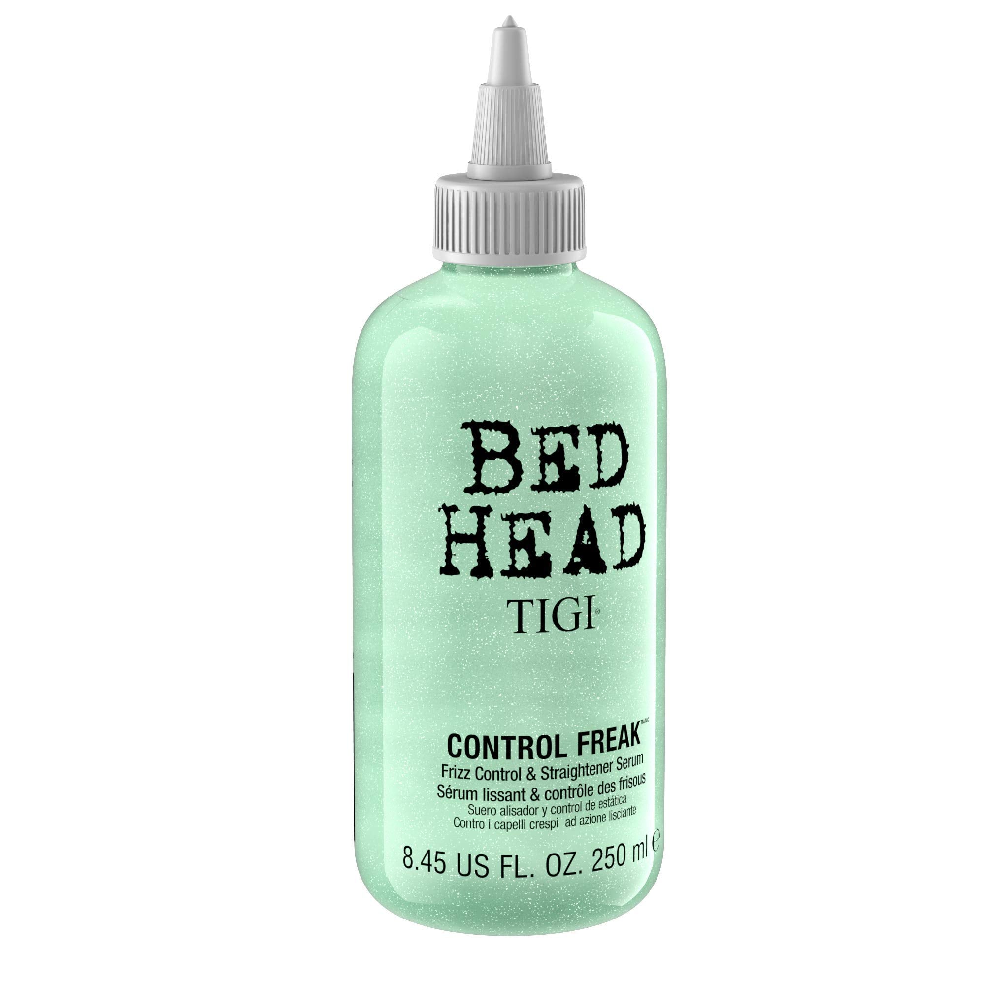 Sérum TIGI Bed Head Control Freak, application sur cheveux mouillés, anti-frisottis léger.