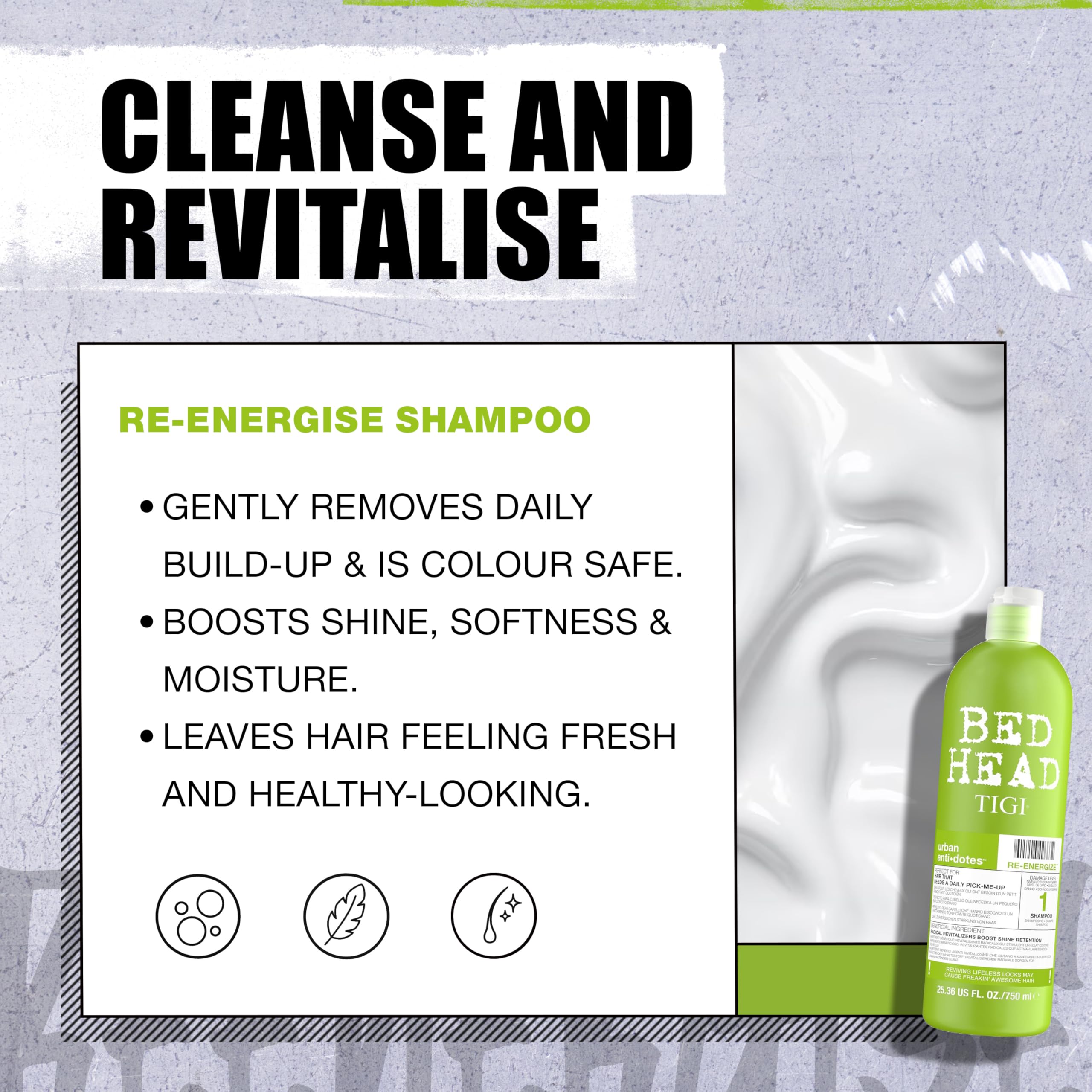 Bed Head TIGI Shampoing Re-Energize: brillance naturelle et hydratation durable.