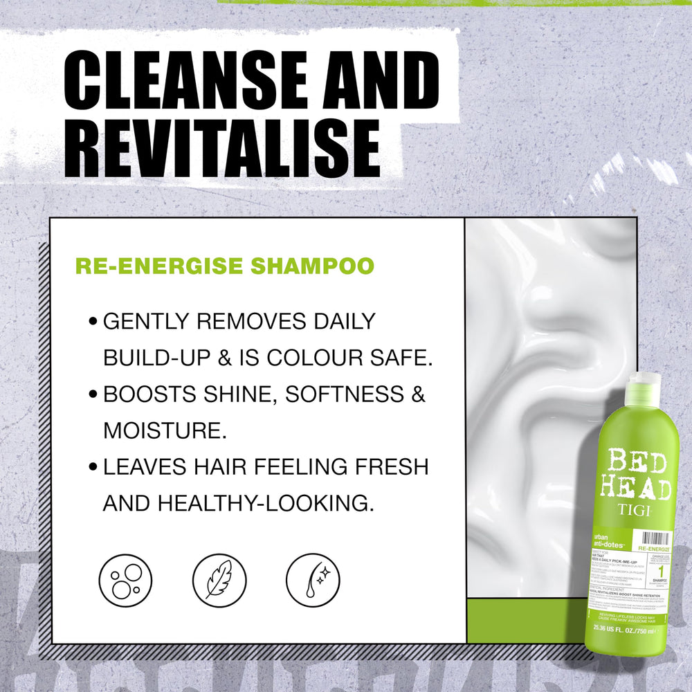 Bed Head TIGI Shampoing Re-Energize: brillance naturelle et hydratation durable.