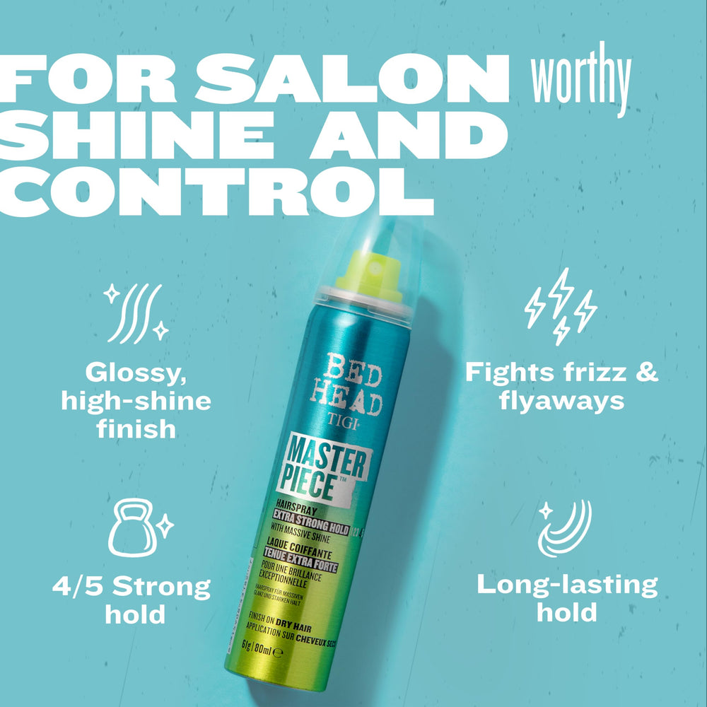 TIGI Bed Head Masterpiece distance d’application 25-30 cm pour brillance uniforme.