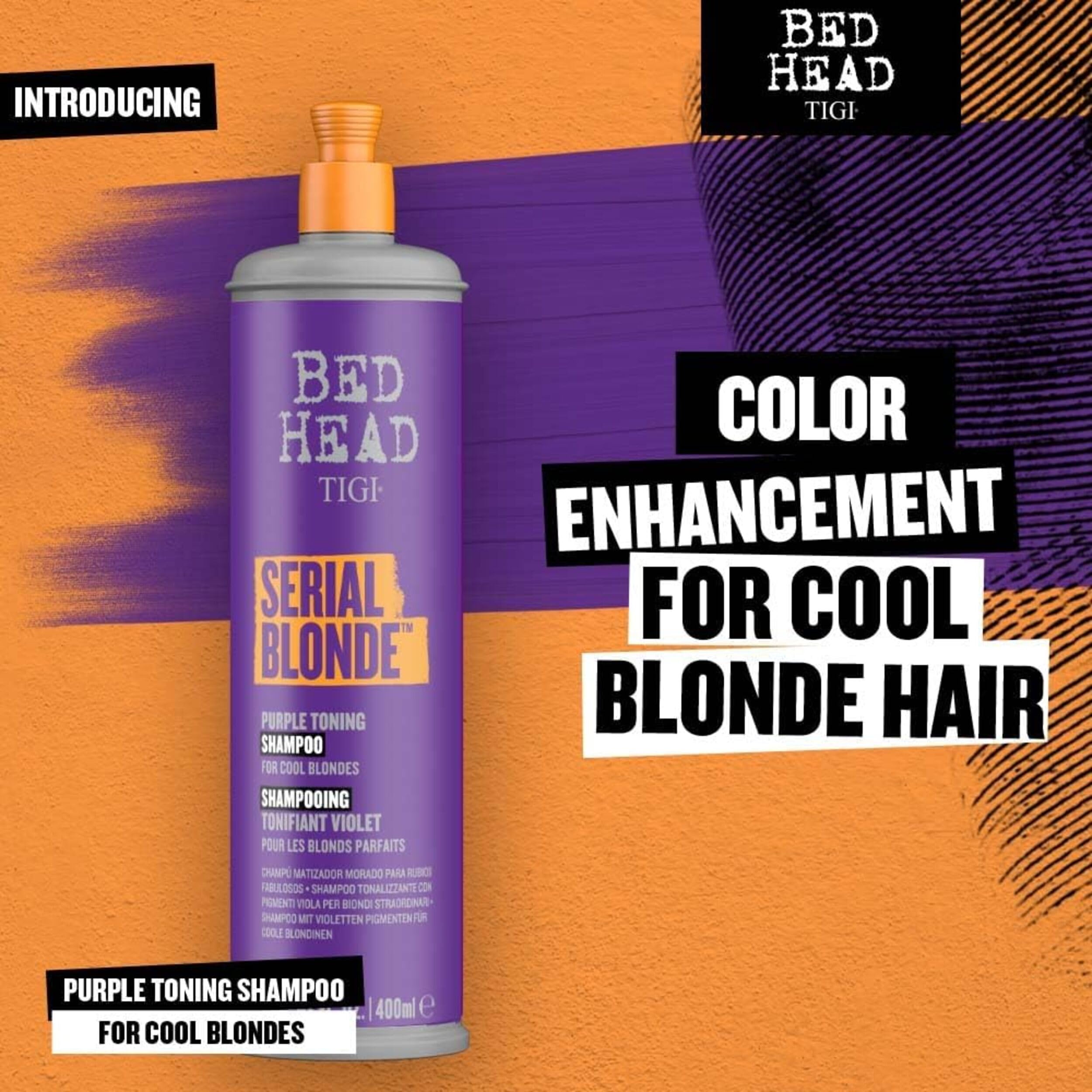 TIGI Bed Head Purple Toning Serial Blonde: brillance accrue, cheveux blonds plus lumineux après lavage.