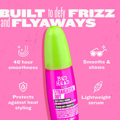 Sérum TIGI Bed Head Straighten Out sur cheveux mouillés, fini lisse et brillant.
