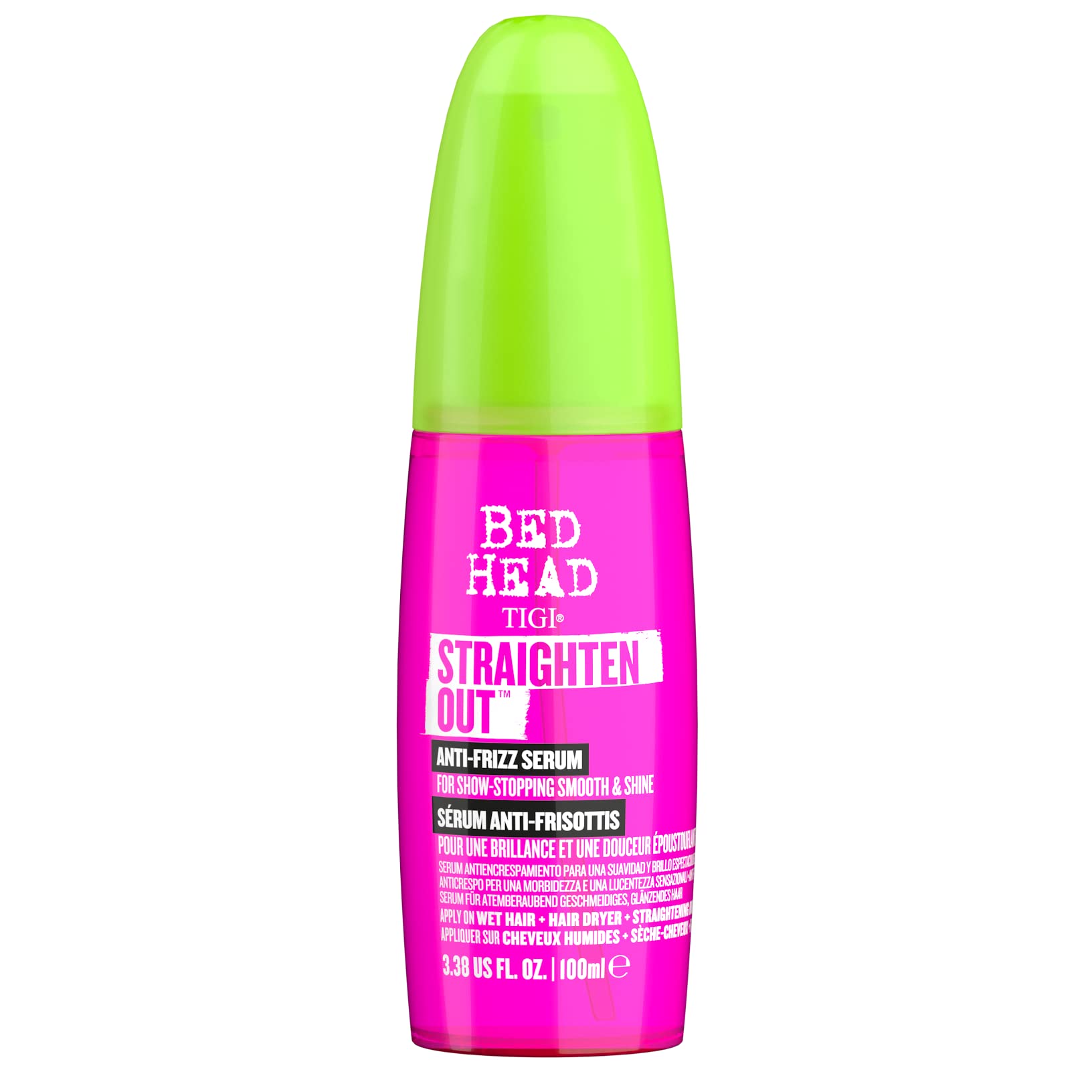 Sérum anti-frisottis TIGI Bed Head Straighten Out sur flacon; lisser durablement les cheveux.