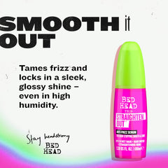 Sérum TIGI Bed Head Straighten Out appliqué sur cheveux humides pour lisser et briller.