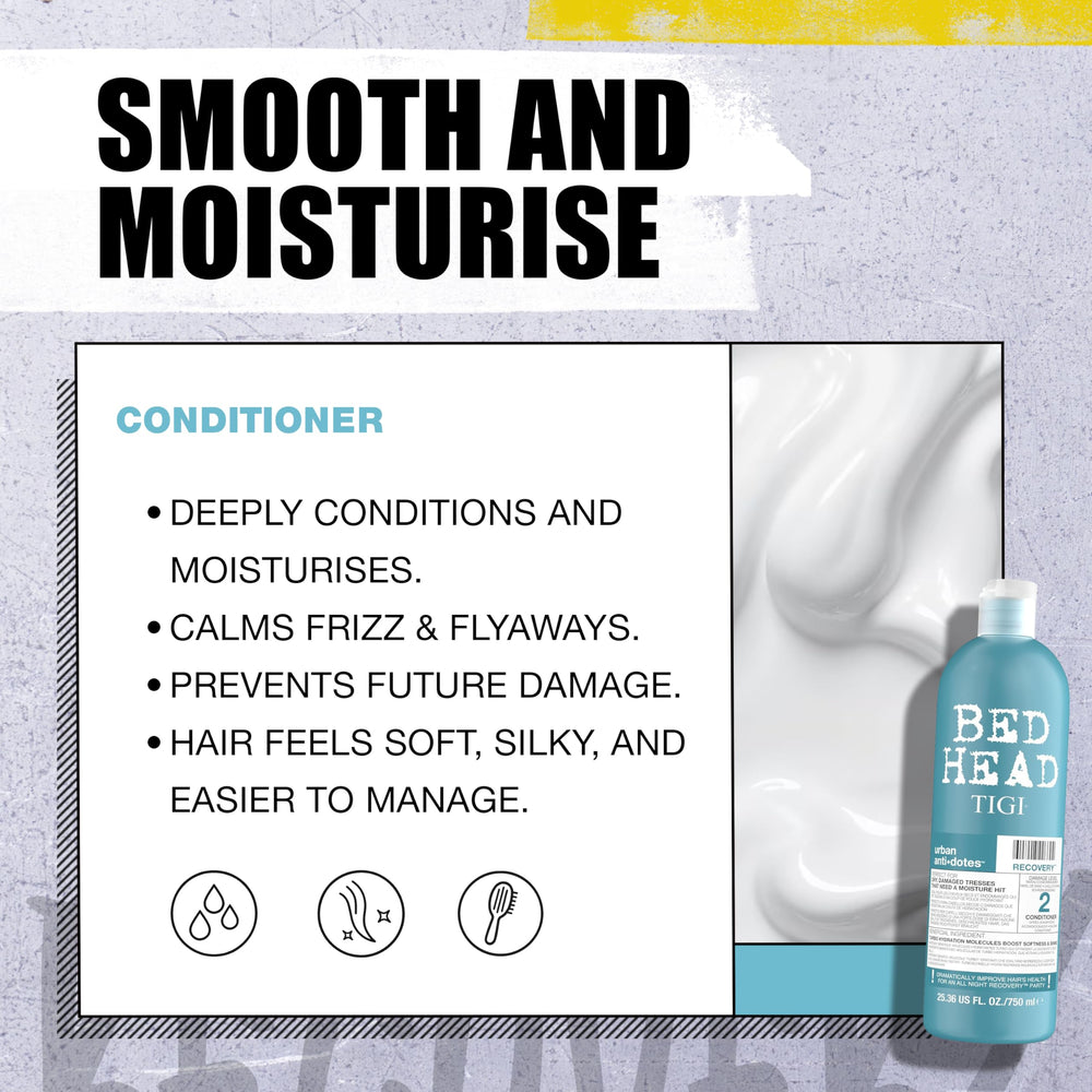 Brillance naturelle et contrôle des frisottis avec le soin Bed Head Recovery.