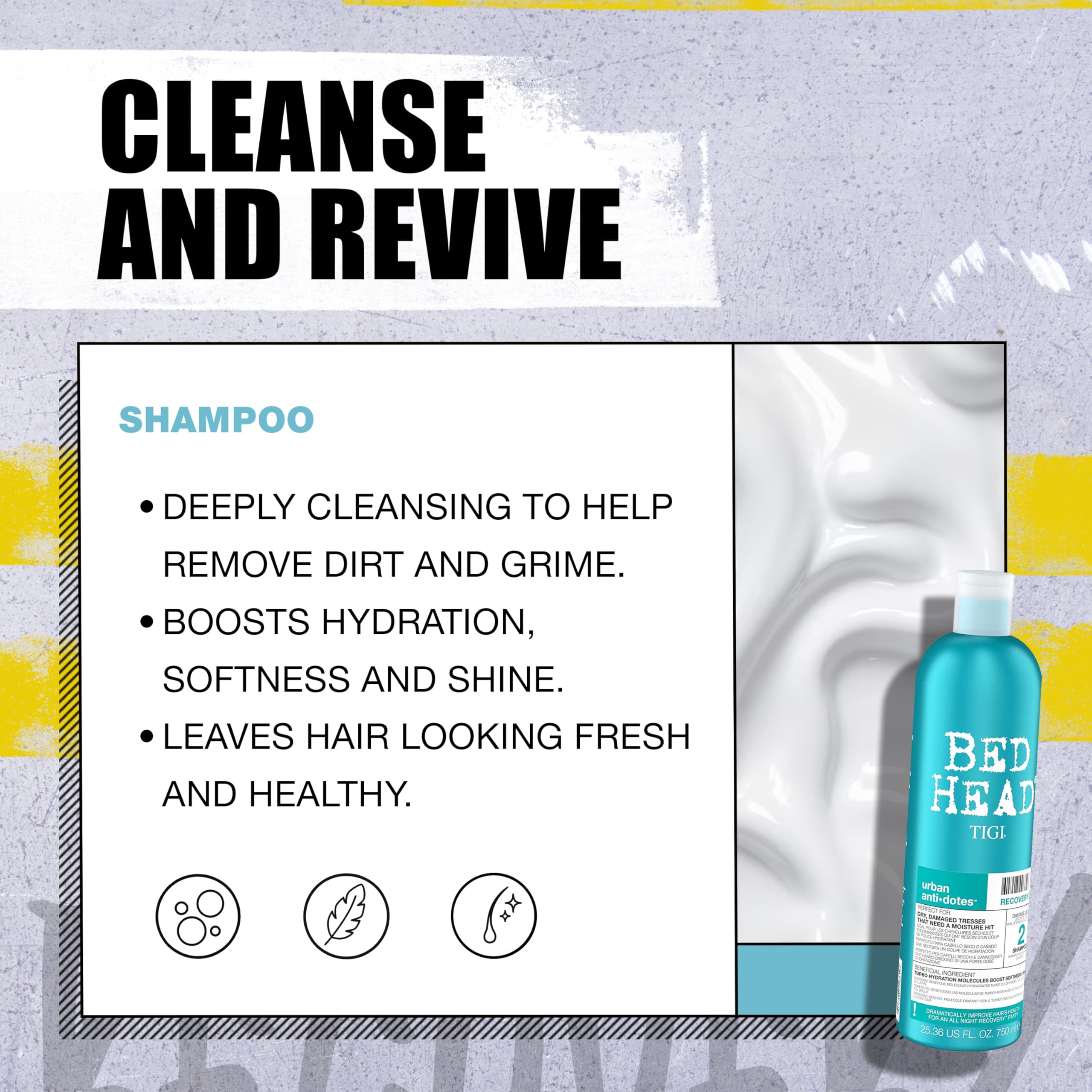 Mains appliquant TIGI Bed Head Urban Anti+dotes Recovery Shampoo pour nettoyer en douceur.