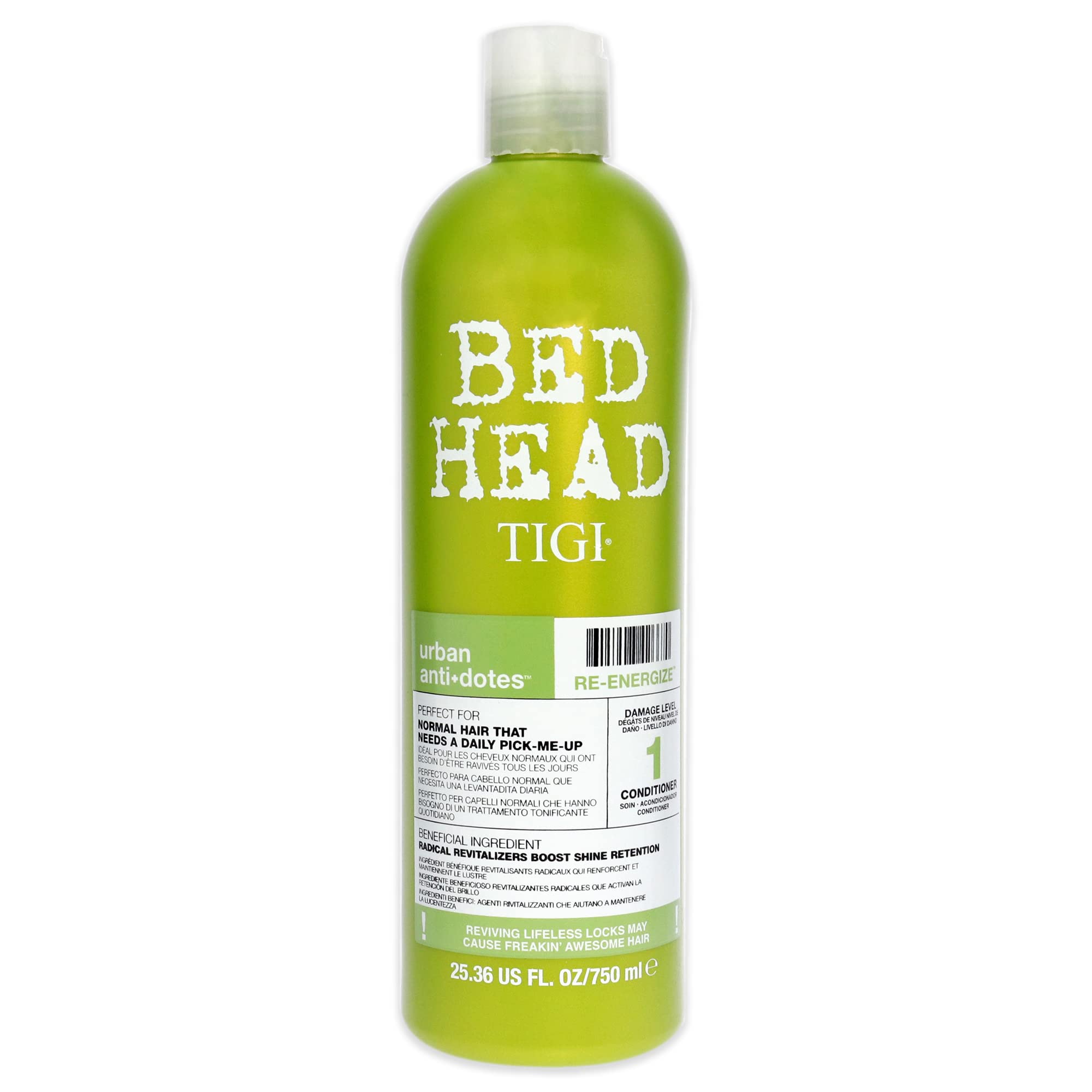 Après-shampooing réénergisant TIGI sur bouteille; hydratation légère et brillance