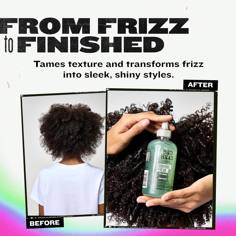 Application sur cheveux mouillés avec Control Freak, fini lisse et coiffage facilité.