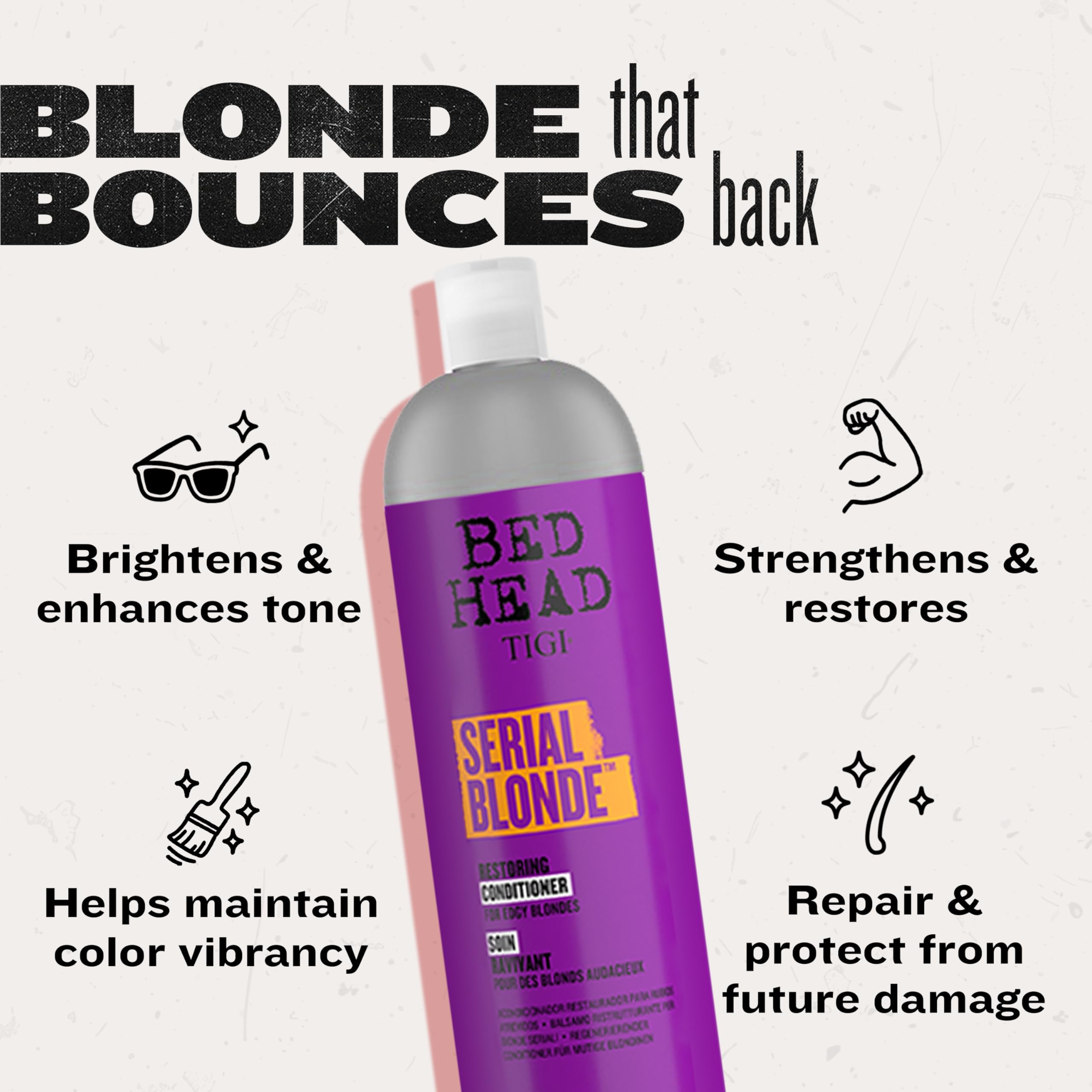 Flacon d après-shampoing Serial Blonde prêt à être appliqué sur les longueurs.