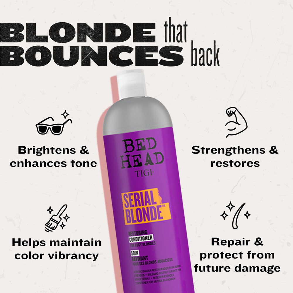 Flacon d après-shampoing Serial Blonde prêt à être appliqué sur les longueurs.