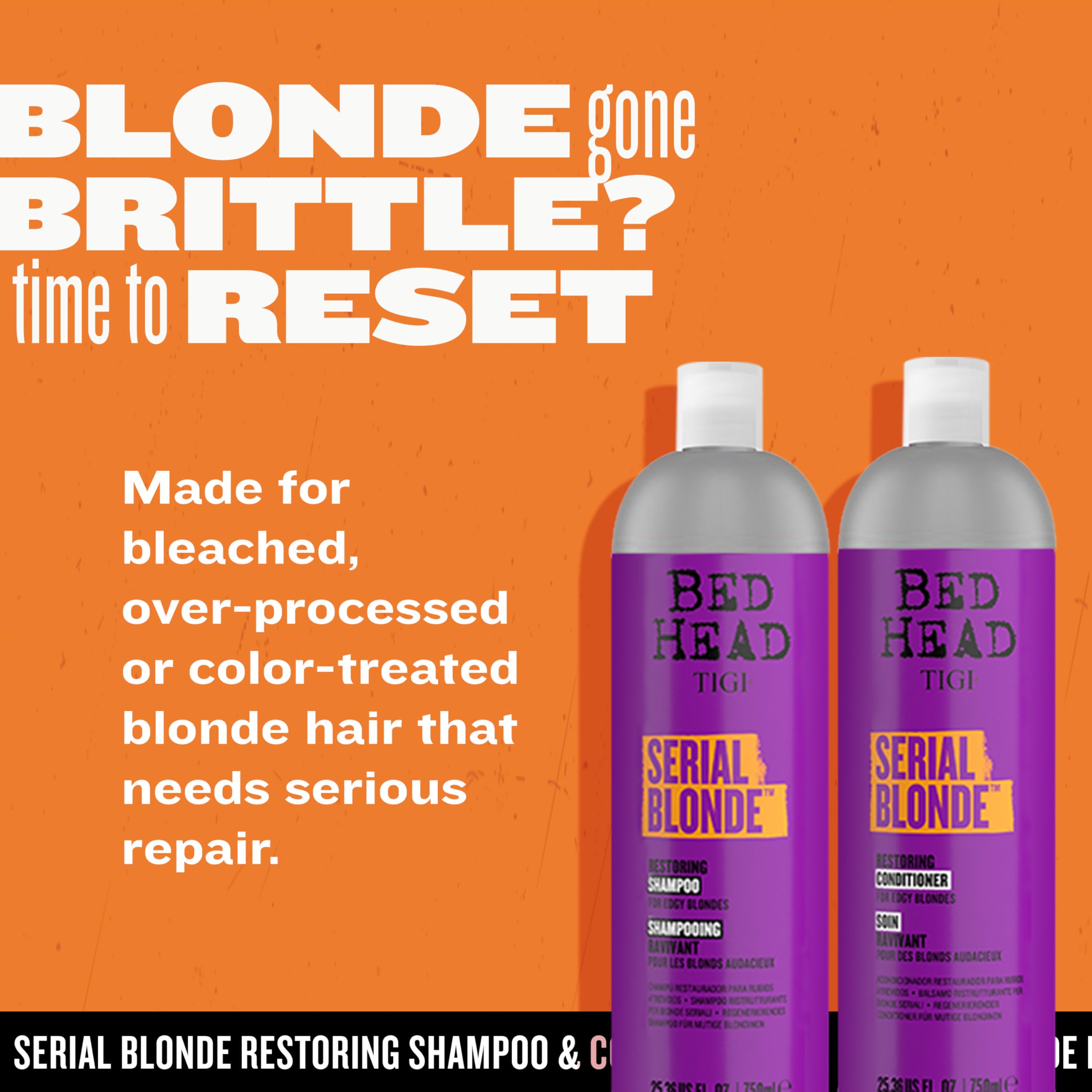 Flacon de shampoing Serial Blonde en gros plan, texture riche et parfum frais.