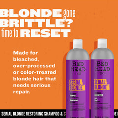 Flacon de shampoing Serial Blonde en gros plan, texture riche et parfum frais.