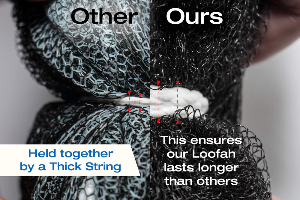 Tilcare Loofah Charbon, charbon actif aidant à éliminer impuretés et odeur corporelle.
