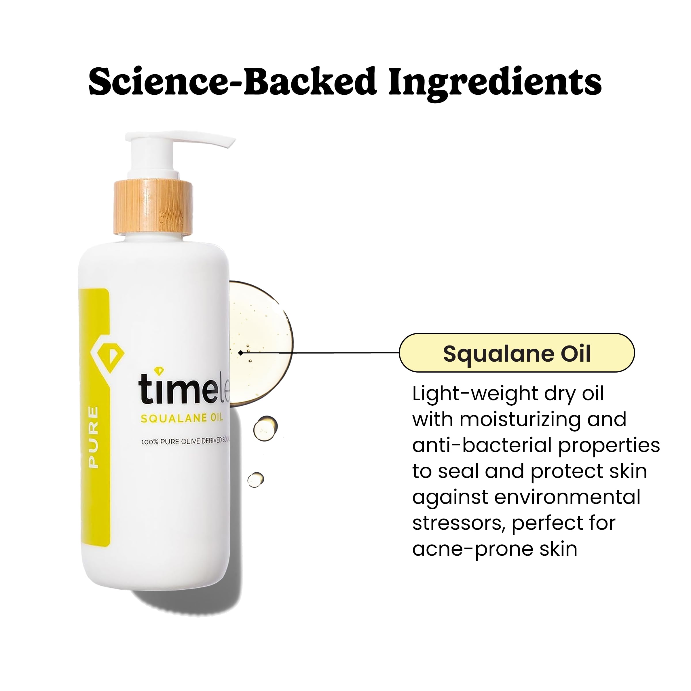 Timeless Skin Care huile squalane pure avec pipette pour une application précise.